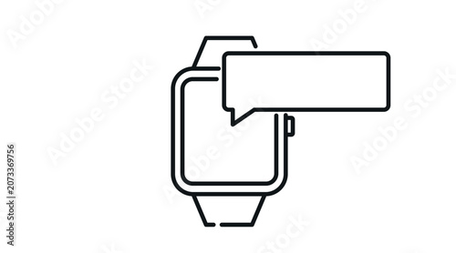 Smartwatch online chat notification icon: wearable smart watch displaying single speech bubble symbol on screen, minimalist black line art vector illustration.