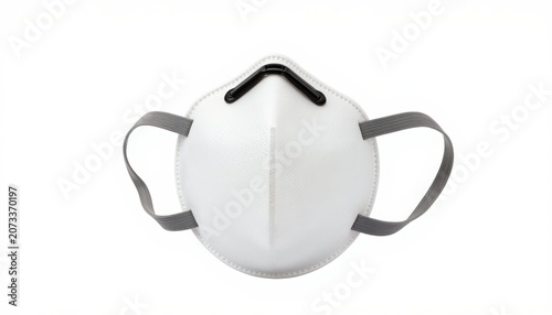 Detailed view of a white n95 respirator mask featuring gray straps set against a clean white backdrop