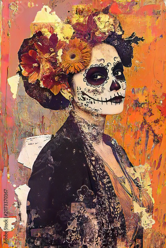 Artistic portrait of a mysterious Day of the Dead woman with traditional sugar skull face paint, vibrant floral crown and dark flowing hair. Atmospheric fantasy illustration with dramatic textures, mo