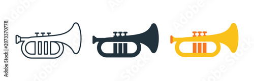 Photography three trumpet icons in linear, silhouette and color styles on white background, musical instrument symbol collection, brass band and orchestra concept, clean modern vector illustration