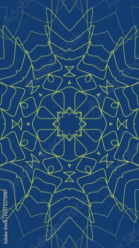 Vertical Symmetric yellow geometric line art pattern on blue background with circular floral mandala design. Suitable for textiles, wallpapers, and digital backgrounds.