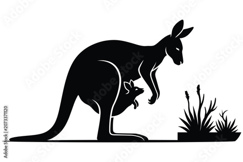 Tableau sur toile Minimalist black and white silhouette of a mother kangaroo with a joey in her po