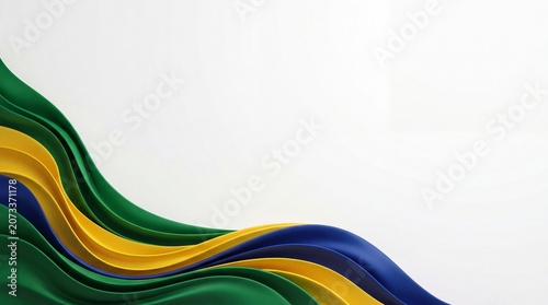 Abstract 3D flowing ribbons in green, yellow, and blue colors on a white background