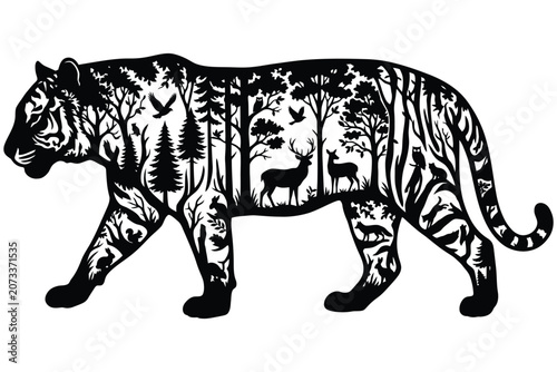 Canvas Print Double exposure tiger silhouette with forest landscape and wild animals inside v