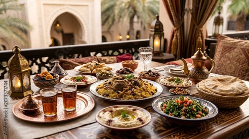Traditional Middle Eastern Feast with Mezze and Main Dishes
