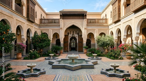 Tranquil Moroccan courtyard with fountains and intricate architectural details