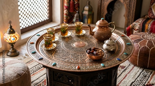 Traditional Moroccan Tea Set with Dates and Nuts on Ornate Tray