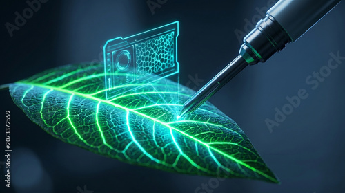 Laser probe scanning glowing green leaf in high tech lab biotech