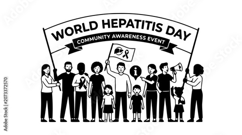Diverse Group of People Holding Banner for World Hepatitis Day Community Awareness Event