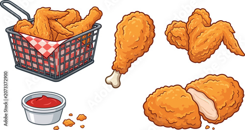 Crispy Fried Chicken Fast Food Vector Set with Basket Drumstick Wings Nuggets and Tomato Sauce Cup for Restaurant Menu Designs
