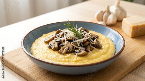 Polenta with sauteed mushrooms and parmesan close up food photography