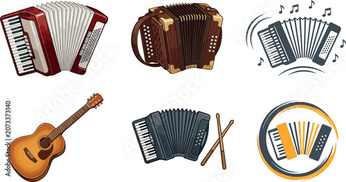 Bild auf Leinwand Folk Music Instrument Vector Icon Set with Accordion Concertina Acoustic Guitar