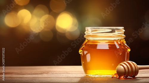 A photo of honey in a clear jar on a natural wood background.