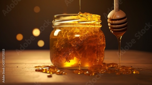 A photo of honey in a glass jar with beeswax chunks.