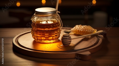 A photo of honey in a jar on a wooden serving tray.