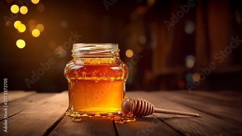 A photo of honey in a jar placed on a wooden surface.