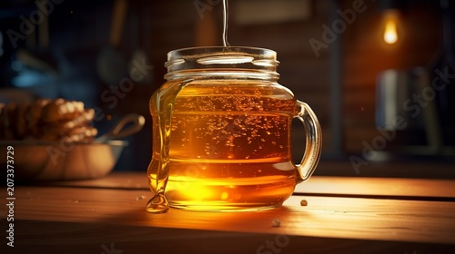 A photo of honey in a jar placed on a wooden board.