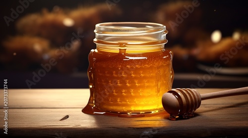 A photo of honey in a jar with a touch of beeswax.