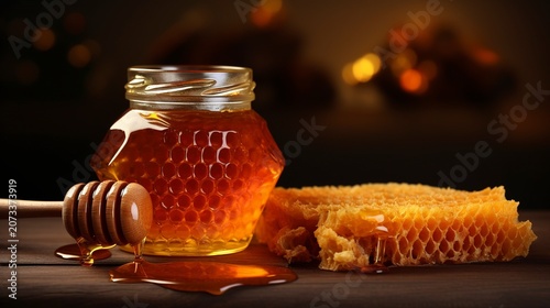 A photo of honey jar with honeycomb pieces beside it.