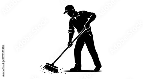 Silhouette Cleaner Sweeping Ground with Broom