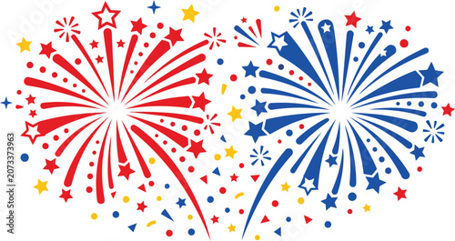 Obraz na plátne Vibrant red and blue fireworks vector illustration featuring patriotic star shap
