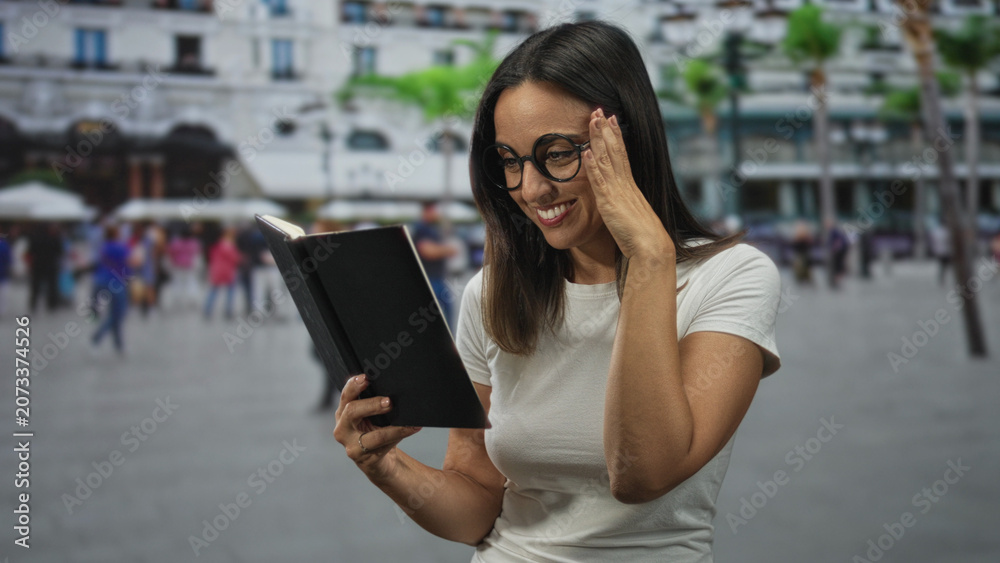 Fototapeta premium Woman reading a black book, hand raised and smiling while adjusting glasses on a busy street with people nearby; joy storytelling.