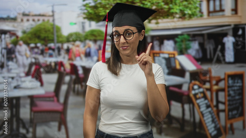 Bild auf Leinwand Woman wearing mortarboard and glasses points finger with visible hand while smiling at camera in a street cafe terrace, casual tshirt visible; pride achievement