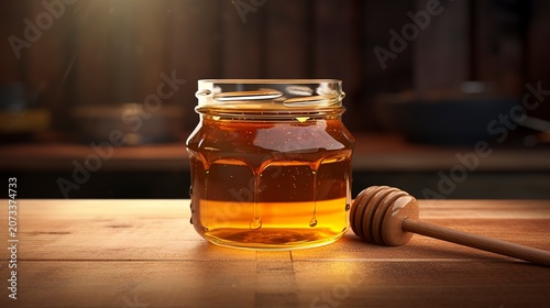 A photo of raw honey in a glass jar on a wooden surface.