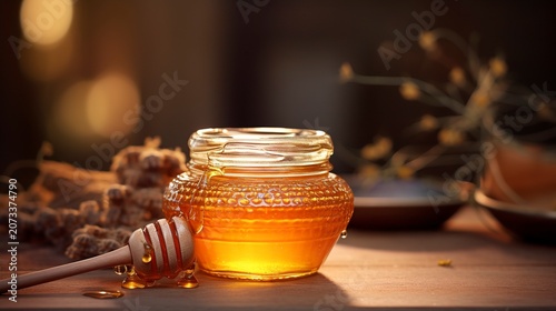 A photo of raw honey in a glass jar with a rustic feel.