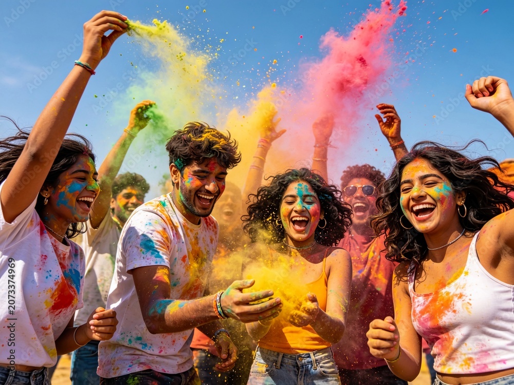 Obraz premium Diverse group of friends enjoying a vibrant color festival