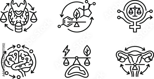 Set of black and white vector line art illustrations depicting hormonal balance and human biology concepts for medical science infographics on a plain white background