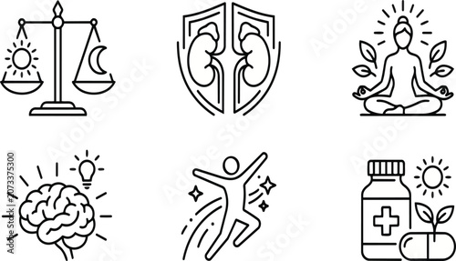 A collection of black and white vector graphic line art icons representing various concepts of health wellness medicine biology and mindfulness for professional design projects