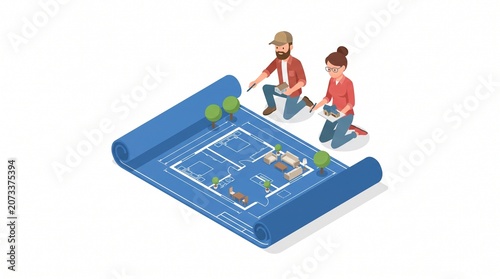 Isometric illustration of architects reviewing a giant unrolled residential house blueprint