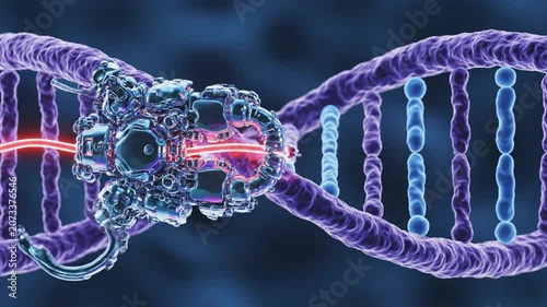 Nanobot Repairing Dna Strand Inside Cell Closeup D Render Of Metallic Molecular Surgeon Gripping Broken Helix With Glowing Red Repair Filament, Blue Nucleotide Bases, Sterile Deepblue Background,