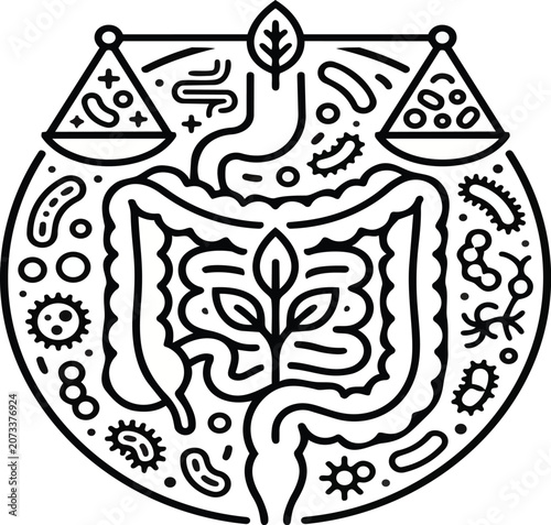 Minimalist vector graphic illustration showing the human digestive system with healthy gut bacteria and balancing scales representing biological wellness in a clean black and white style