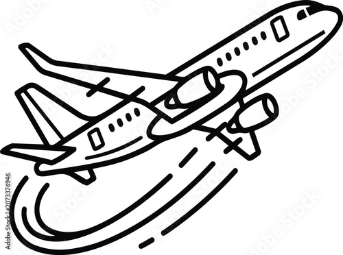 Clean black and white line art vector illustration of a commercial passenger airplane taking off into the sky for a journey during a summer vacation trip