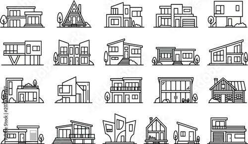 Collection of modern house icons rendered as a professional black and white vector graphic illustration set featuring various architectural styles for real estate design projects