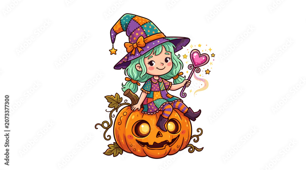 Fototapeta premium Cute cartoon girl dressed as a witch sitting on a carved pumpkin with a magic wand