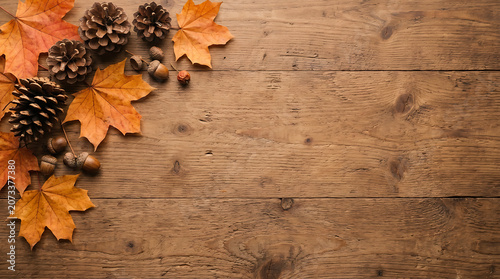 Autumn rustic wooden background with pine cones and fallen maple leaves
