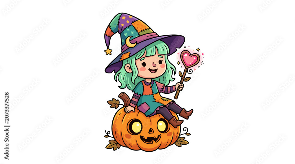 Naklejka premium Cute cartoon witch girl with green hair wearing colorful hat sitting on a pumpkin