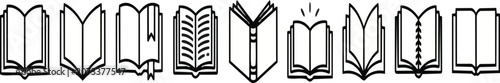 Set of black and white vector graphic book illustrations featuring various open reading materials with simple line art styles for educational projects and digital library designs
