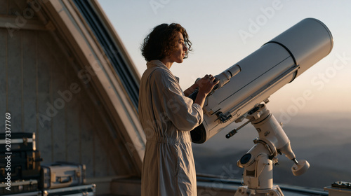 Astrophysicist collecting timestamped photometric data at a remote mountaintop observatory at golden hour, adjusting secondary mirror alignment by hand, the sweeping valley