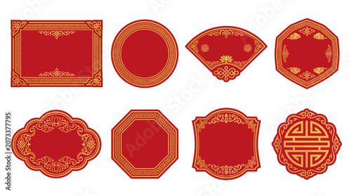 Collection of traditional red and gold chinese decorative elements and symbols for celebration