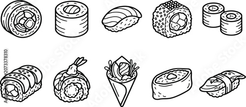 Professional collection of monochrome vector graphic sushi icons featuring various types of delicious japanese rolls and nigiri isolated on a clean white background for culinary projects