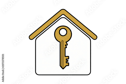 Golden key inside house outline, symbolizing home ownership