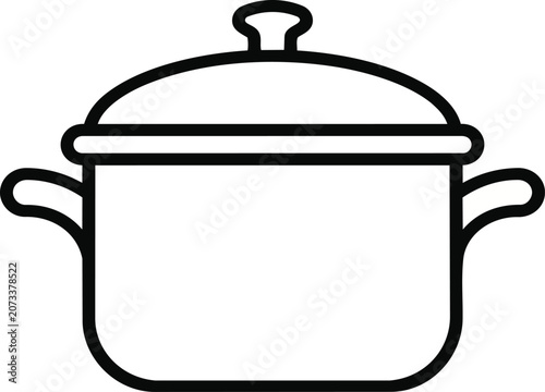 Minimalist black and white vector illustration of a kitchen cooking pot with a lid featuring bold clean lines and a flat simple modern graphic design