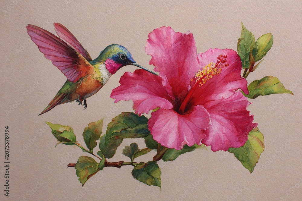 Obraz premium watercolor painting of a hummingbird and hibiscus
