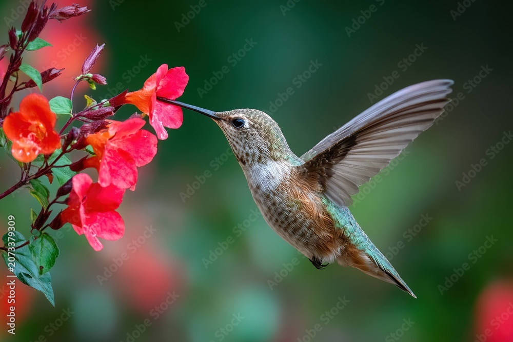 Fototapeta premium close-up of a hummingbird feeding from a red flower