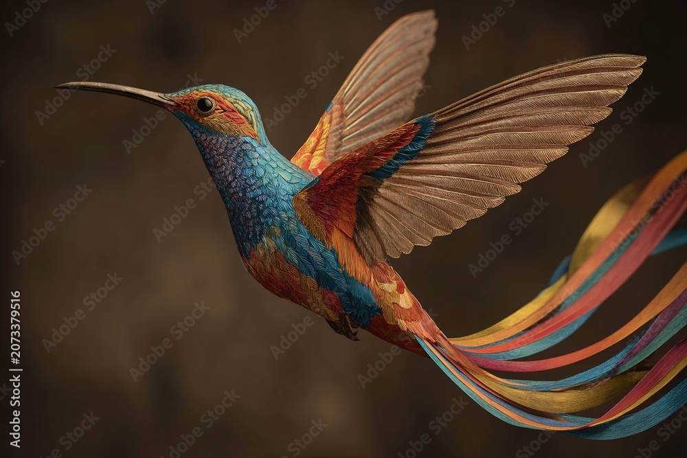 Fototapeta premium dreamlike hummingbird with long rainbow tail