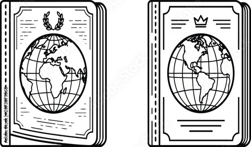Two detailed vector illustration designs of travel passports featuring globe icons with crown and laurel leaf symbols for international tourism and global identity document concept art